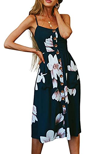 Walant Damen Sommerkleid mittellang mit Trägern Bohemian Floral Knopf Rückenfrei V-Ausschnitt Sexy Strandkleid ohne Ärmel Casual Einfach, Elegant Chic Abend Vintage, Marineblau 2, 36/42 von Walant