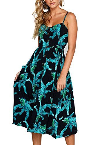 Walant Damen Sommerkleid mittellang mit Trägern Bohemian Floral Knopf Rückenfrei V-Ausschnitt Sexy Strandkleid ohne Ärmel Casual Einfach, Elegant Chic Abend Vintage, Schwarz 1, 34-40 von Walant