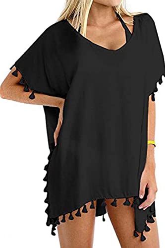 Walant Frauen Sommerkleider Strand Decken Pompons Lose Tops Beachwear Streifen Mini Kleid Strand Boho Bademode Abdeckung Bikini Strand, Schwarz 1, onesize von Walant