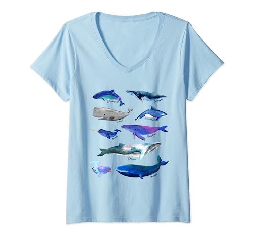 Damen Wale T-Shirt mit V-Ausschnitt Damen Wale T-Shirt mit V-Ausschnitt von Walarten des Meeres