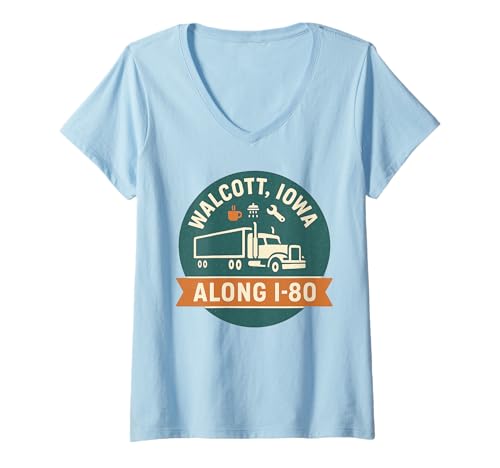Damen Walcott Iowa Shirt entlang der I-80 Truck Stop, Vintage-Grafik T-Shirt mit V-Ausschnitt von Walcott I-80 Tee Shirts for Truck Stop Fans