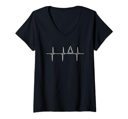 Damen Baum EKG Herzschlag Wald Puls Frequenz T-Shirt mit V-Ausschnitt Damen Baum EKG Herzschlag Wald Puls Frequenz T-Shirt mit V-Ausschnitt von Wald Baum outdoor Herren Damen Sport