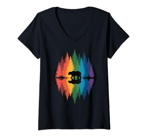 Damen Bär Bunt Wald Wanderer Natur T-Shirt mit V-Ausschnitt Damen Bär Bunt Wald Wanderer Natur T-Shirt mit V-Ausschnitt von Wald Natur Outdoor Tierwelt Camper Wanderer