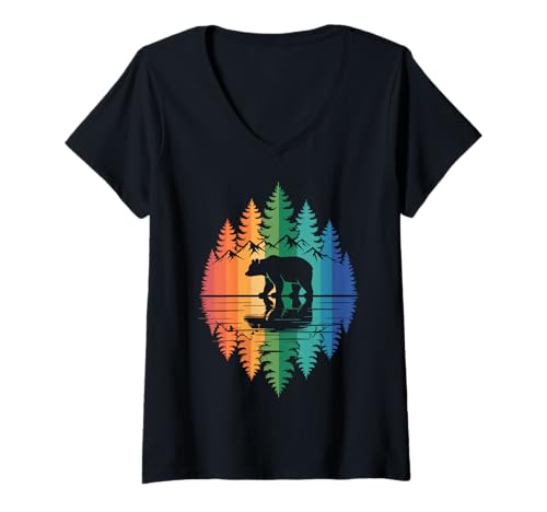 Damen Bär Bunt Wald Wanderer Natur T-Shirt mit V-Ausschnitt Damen Bär Bunt Wald Wanderer Natur T-Shirt mit V-Ausschnitt von Wald Natur Outdoor Tierwelt Camper Wanderer