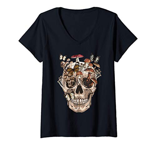 Damen Pilze Bekleidung Pilzsammler Pilz Totenkopf Sammeln Geschenk T-Shirt mit V-Ausschnitt von Wald Pilzsammler Geschenke