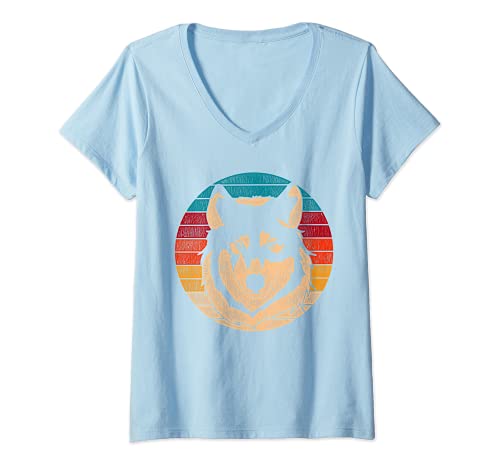 Damen Retro Wolf T-Shirt mit V-Ausschnitt Damen Retro Wolf T-Shirt mit V-Ausschnitt von Wald Tier Natur Wolf Geschenkidee