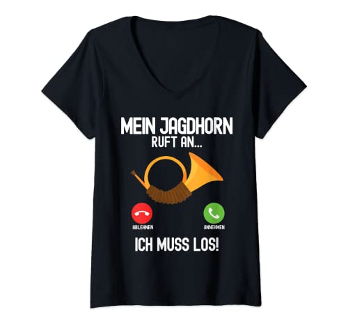 Damen Mein Jagdhorn ruft an - Jäger Horn Waldhorn Bläser Jagdhorn T-Shirt mit V-Ausschnitt Damen Mein Jagdhorn ruft an - Jäger Horn Waldhorn Bläser Jagdhorn T-Shirt mit V-Ausschnitt von Wald & Jagdhorn Design Jagdhornbläser & Jagdsignal