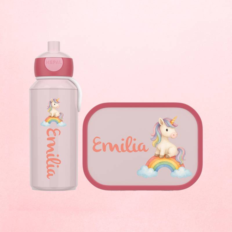 Personalisierte Brotdose Und Trinkflasche Als Geschenk Einschulung Oder Kitastart Mit Einhorn Auf Regenbogen Mepal Lunchbox + Wasserflasche von WaldWichtShop
