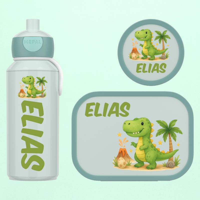 Personalisierte Lunchbox Trinkflasche Und Obstbox - Als Set Oder Einzeln Mepal Brotdose Wasserflasche Fruchtpot | Dino T-Rex Motiv von WaldWichtShop