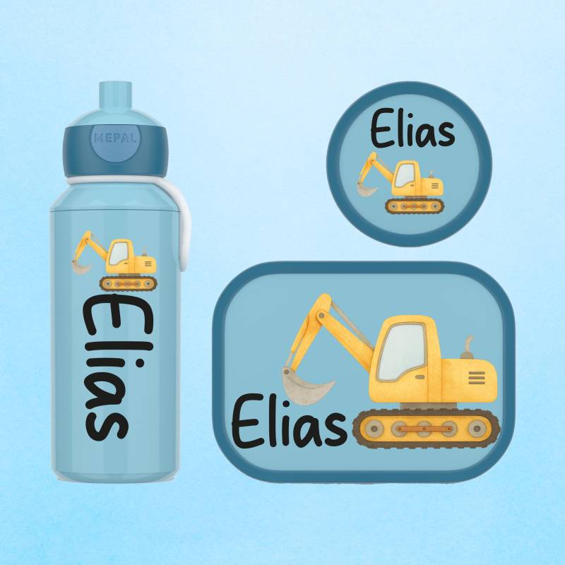Personalisierte Lunchbox Trinkflasche Und Obstbox - Als Set Oder Einzeln Mepal Brotdose Wasserflasche Fruchtpot Mit Coolem Bagger von WaldWichtShop