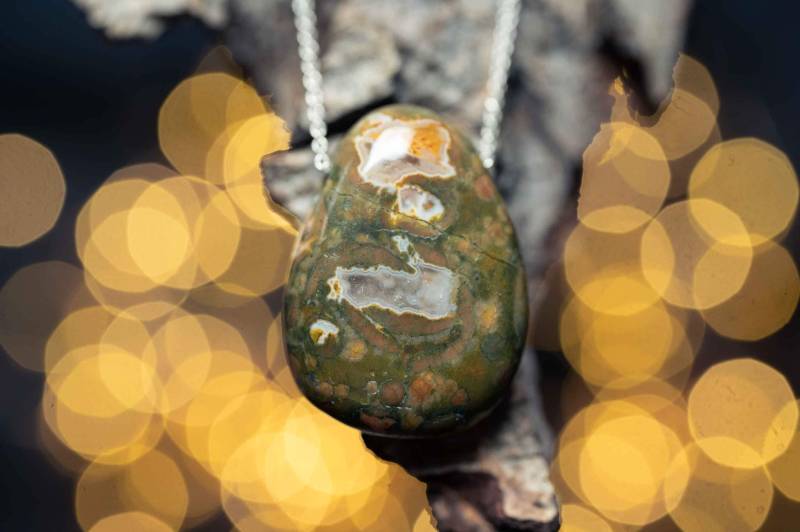 Rhyolith | Regenwaldjaspis Mit 925Er Silberkette/Waldesleuchten Kristall Edelstein Echtsilber Anhänger Handgemacht 415 von Waldesleuchten