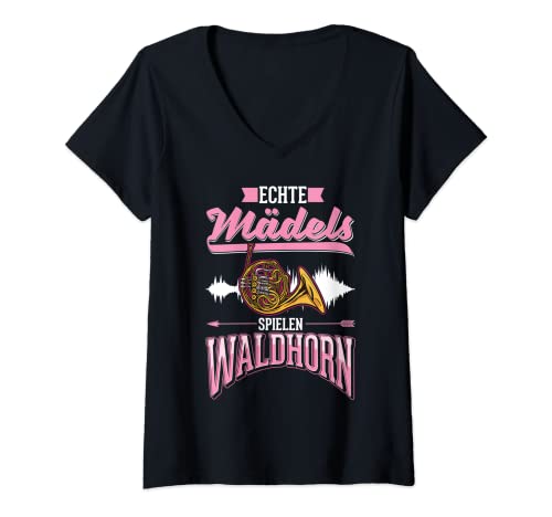 Damen Echte Mädels spielen Waldhorn Mädchen Hornistin Waldhorn T-Shirt mit V-Ausschnitt Damen Echte Mädels spielen Waldhorn Mädchen Hornistin Waldhorn T-Shirt mit V-Ausschnitt von Waldhorn Hornist Hornspieler Kleidung
