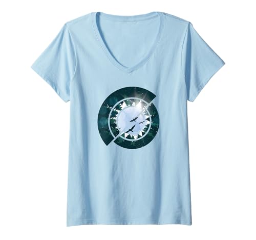 Damen Bäume Vögel abstrakte geometrische Waldillustration T-Shirt mit V-Ausschnitt von Waldillustration abstrakte Formen