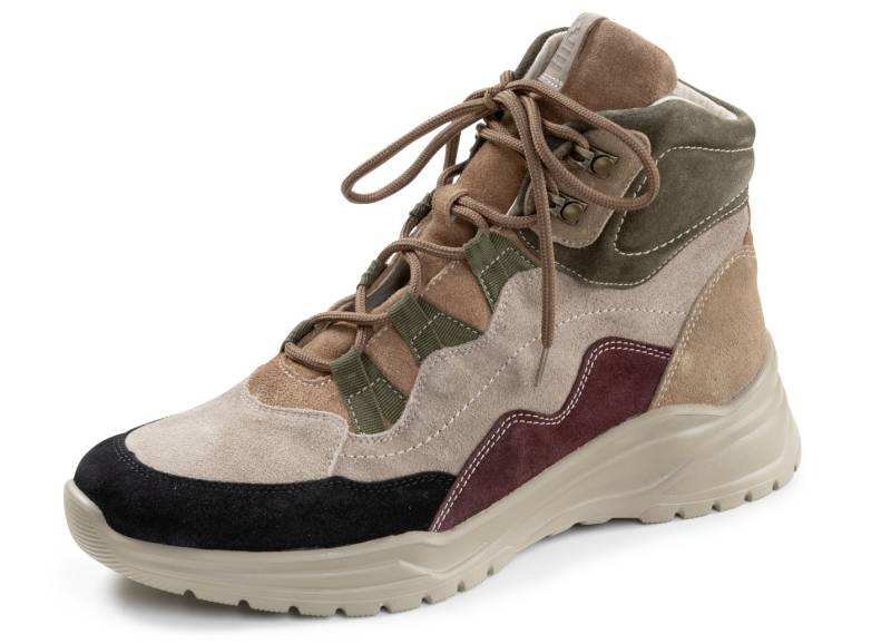 Waldläufer, bequeme Damen-Stiefeletten, Weite H, mit herausnehmbarem Fußbett, Schuhgröße 4, Taupe-Multicolor von Waldläufer