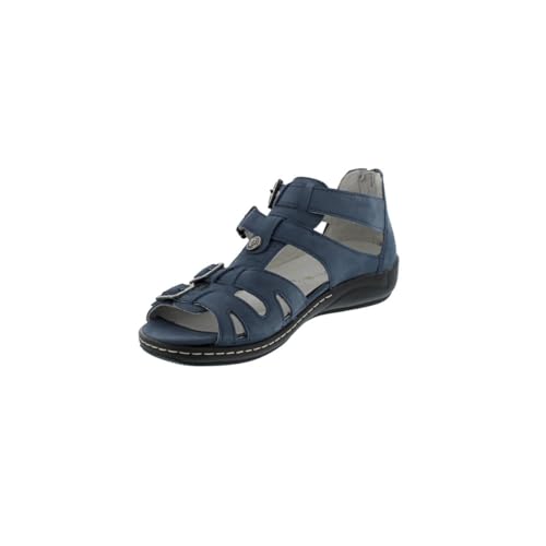 Waldläufer Damen Riemchensandalen Heliett Sandale Nubukleder Fußbett Bequem Freizeit Uni blau Jeans Klettverschluss bequem weit von Waldläufer