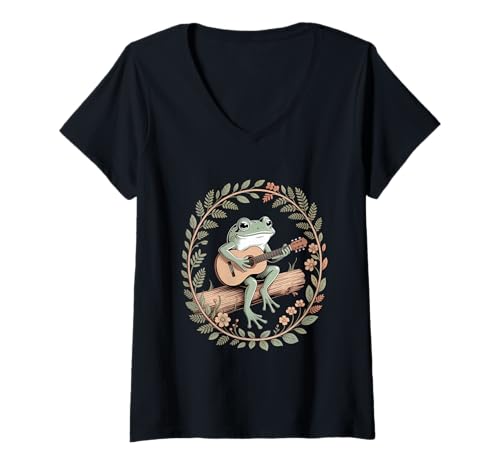 Damen Landidylle Cottagecore Frosch Mit Akustikgitarre Im Kranz T-Shirt mit V-Ausschnitt Damen Landidylle Cottagecore Frosch Mit Akustikgitarre Im Kranz T-Shirt mit V-Ausschnitt von Waldromantik Cottagecore Frosch Gitarre Natur