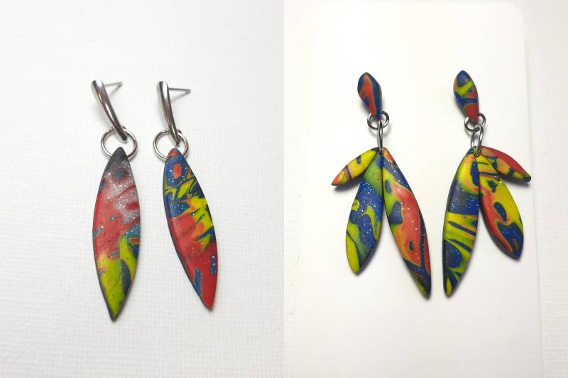Knallig Bunte Ohrstecker Aus Polymerton in Ein - Oder Dreiblättriger Form, Leichte Mit Kunstvollen Anhängern Knallig Bunte Ohrstecker Aus Polymerton in Ein - Oder Dreiblättriger Form, Leichte Mit Kunstvollen Anhängern von Waldschnuppe
