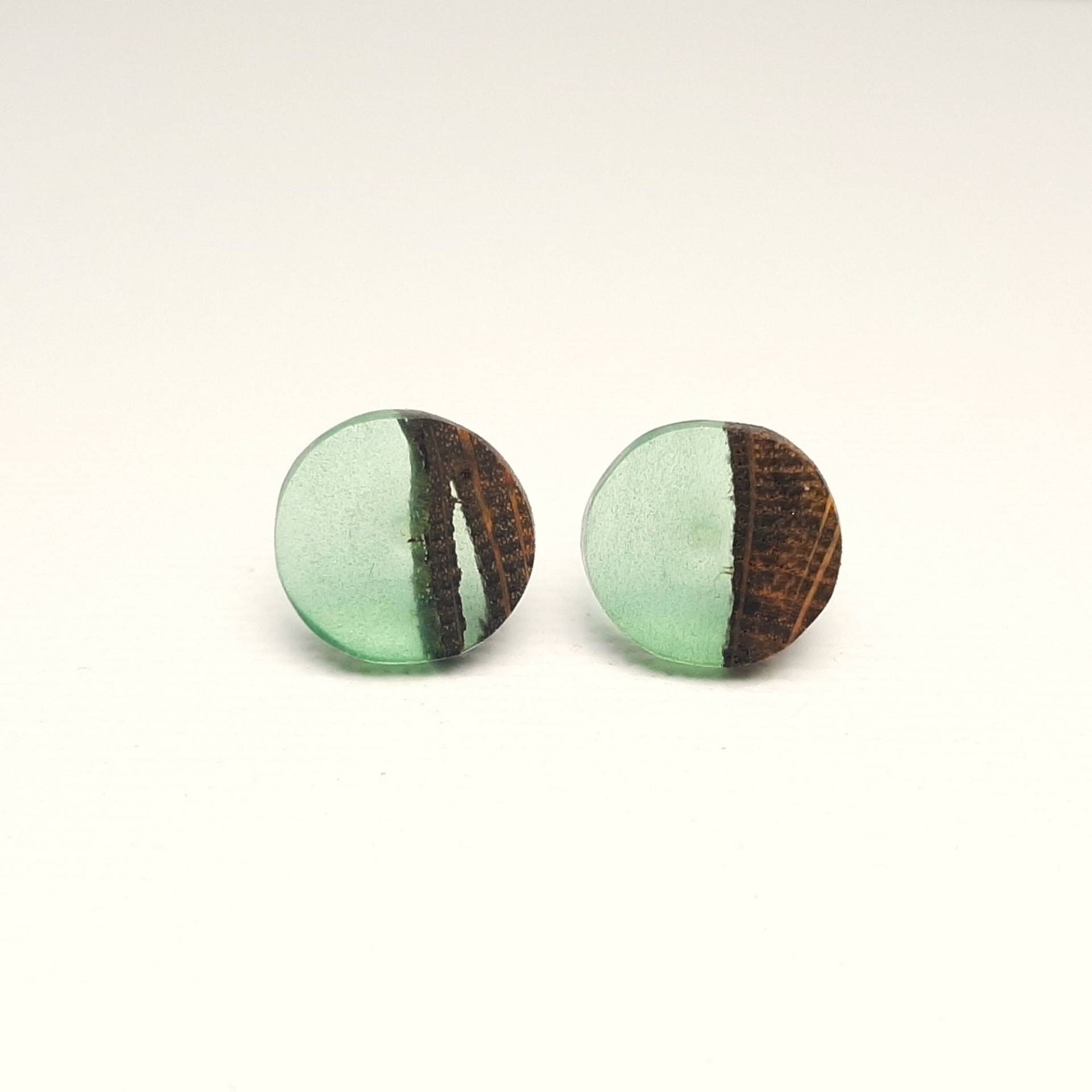 Runde Ohrstecker Mit Kunststoffpin Aus Dunklem Holz Und Grün Transparentem Kunstharz, Flacher Schliff, Ø 10mm Runde Ohrstecker Mit Kunststoffpin Aus Dunklem Holz Und Grün Transparentem Kunstharz, Flacher Schliff, Ø 10mm von Waldschnuppe