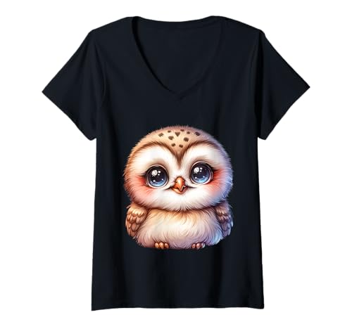 Damen Niedliche Eule mit großen Augen für Kinder T-Shirt mit V-Ausschnitt Damen Niedliche Eule mit großen Augen für Kinder T-Shirt mit V-Ausschnitt von Waldtiere Kinder Tiermotive Eulenliebhaber