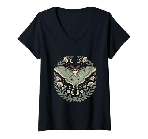 Damen Cottagecore Mondmotte Mit Blumen Monde Sterne Natur T-Shirt mit V-Ausschnitt Damen Cottagecore Mondmotte Mit Blumen Monde Sterne Natur T-Shirt mit V-Ausschnitt von Waldzauber Cottagecore Mondmotte Florale Nacht