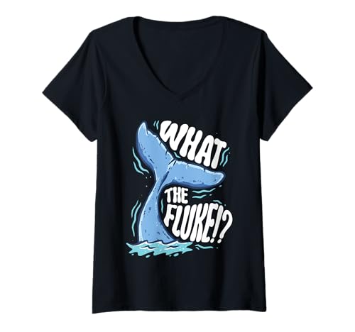 Damen Walbeobachtung Whale Watching What The fluke!? T-Shirt mit V-Ausschnitt von Wale Walfisch Walbeobachtung Walbeobachter