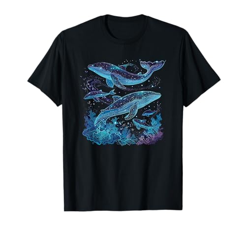 Wale und Meereslebewesen Unterwasserlandschaft mit Walen und Delfinen T-Shirt, Schwarz, S, Unisex-Kinder, Unisex-Erwachsene, Frauen, Klassisch, Kurzarm, V-Ausschnitt, Polyester von Wale und Meereslebewesen