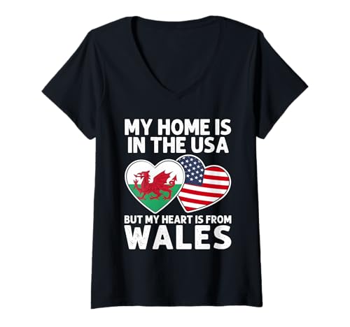 Damen My Home USA My Heart Wales Welsh American Pride Flagge T-Shirt mit V-Ausschnitt Damen My Home USA My Heart Wales Welsh American Pride Flagge T-Shirt mit V-Ausschnitt von Wales Pride Flag Apparel