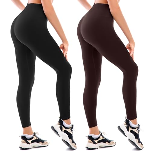 Walifrey Fleece gefütterte Leggings Frauen 2er-Pack, Frauen hohe Taille thermische warme Winter Leggings für Workout BLACKBROWN SM von Walifrey