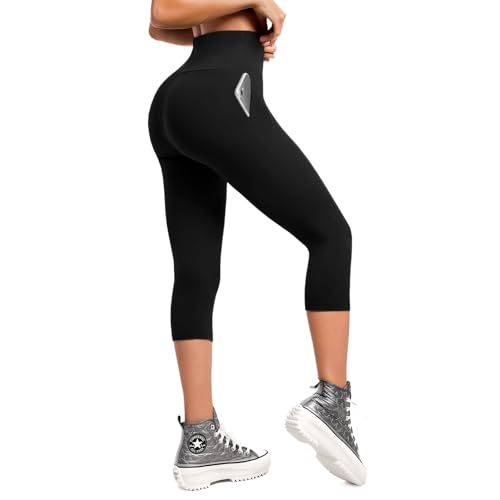 Walifrey High Waisted Capri Leggings for Women with Pockets ，3/4 Length Opaque Gym Leggings for Yoga Workout Black LXL von Walifrey