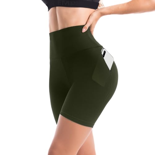 Walifrey Sport Shorts Damen mit Taschen，High Waist Blickdicht Radlerhose Damen，Kurze Sporthose Running Yoga für Sommer Armeegrün SM von Walifrey