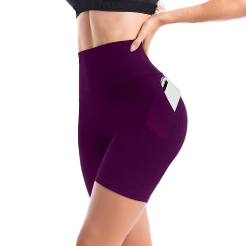 Walifrey Sport Shorts Damen mit Taschen，High Waist Blickdicht Radlerhose Damen，Kurze Sporthose Running Yoga für Sommer Pflaumenviolett SM von Walifrey