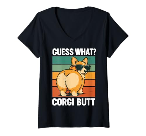 Damen Guess What Corgi Butt T-Shirt mit V-Ausschnitt Damen Guess What Corgi Butt T-Shirt mit V-Ausschnitt von Walisischer Corgi Niedlich Lustig