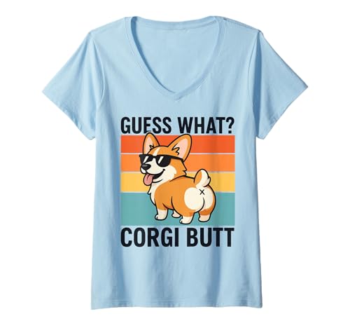 Damen Guess What Corgi Butt T-Shirt mit V-Ausschnitt Damen Guess What Corgi Butt T-Shirt mit V-Ausschnitt von Walisischer Corgi Niedlich Lustig