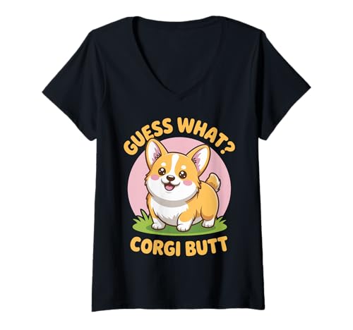 Damen Guess What Corgi Butt T-Shirt mit V-Ausschnitt Damen Guess What Corgi Butt T-Shirt mit V-Ausschnitt von Walisischer Corgi Niedlich Lustig