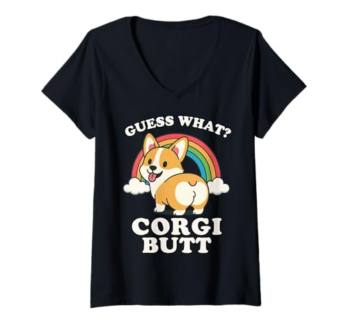 Damen Guess What Corgi Butt T-Shirt mit V-Ausschnitt Damen Guess What Corgi Butt T-Shirt mit V-Ausschnitt von Walisischer Corgi Niedlich Lustig