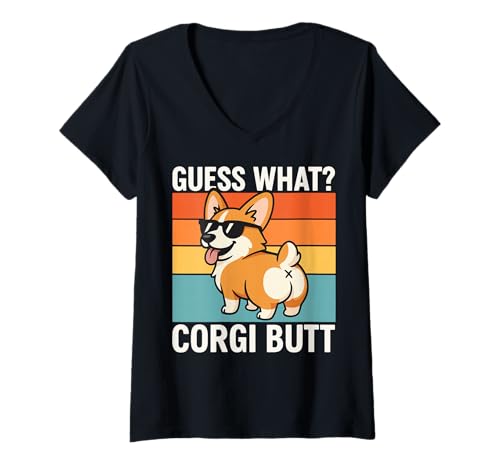Damen Guess What Corgi Butt T-Shirt mit V-Ausschnitt Damen Guess What Corgi Butt T-Shirt mit V-Ausschnitt von Walisischer Corgi Niedlich Lustig