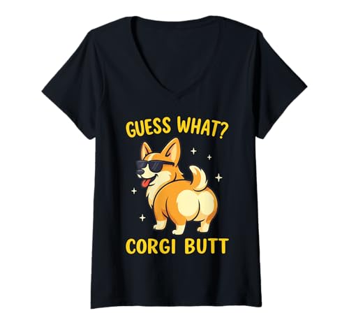 Damen Guess What Corgi Butt T-Shirt mit V-Ausschnitt Damen Guess What Corgi Butt T-Shirt mit V-Ausschnitt von Walisischer Corgi Niedlich Lustig