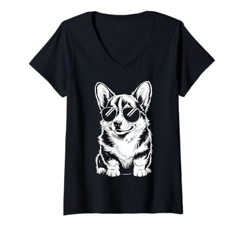 Damen Corgi Sonnenbrille T-Shirt mit V-Ausschnitt Damen Corgi Sonnenbrille T-Shirt mit V-Ausschnitt von Walisischer Corgi Pembroke hund Cool