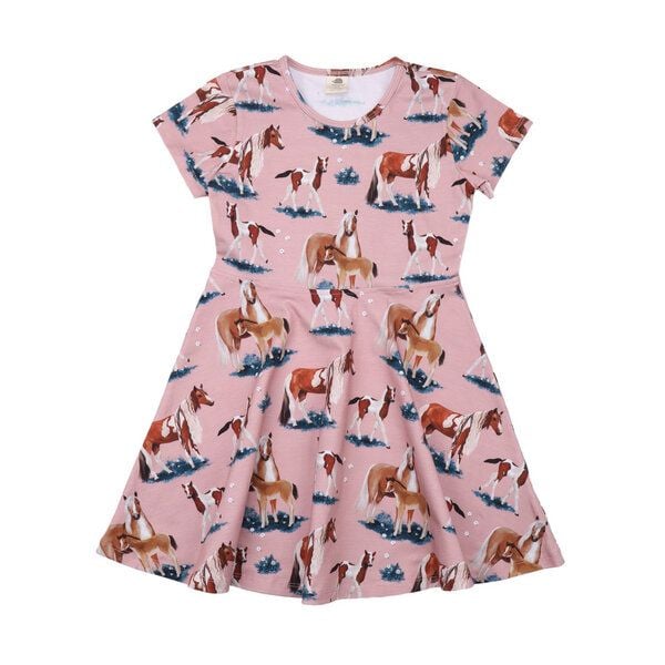 Bio-Baumwolle Skater Kleid - Little & Big Horses Design Rosa – GOTS zertifiziert – Walkiddy von Walkiddy