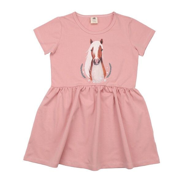 Kinder Kleid GOTS-zertifiziert aus Bio-Baumwolle, pink mit Little & Big Horses-Motiv, kurzarm, schwingender Rock – Walkiddy von Walkiddy