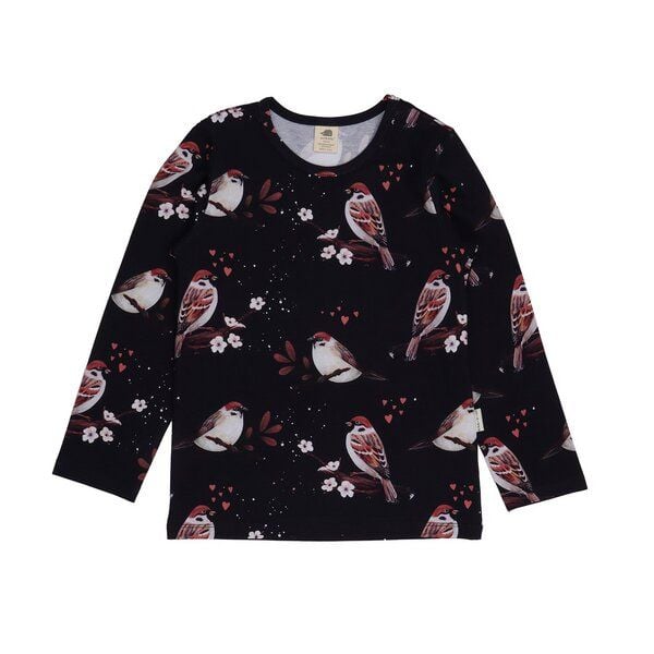 Kinder Langarmshirt GOTS-zertifiziert aus Bio-Baumwolle dunkelblau mit Spatzen-Motiv „Little Sparrows“ – Walkiddy von Walkiddy