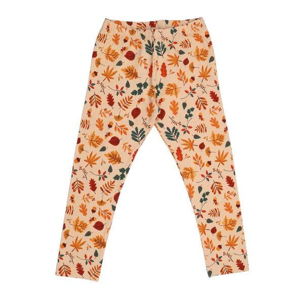 Kinder Leggings Bio-Baumwolle GOTS Autumn Leaves von Walkiddy, bequeme Hose mit herbstlichem Blätterprint, elastischem Bund, hautfreundlich, nachhaltig produziert für Alltag und Kita von Walkiddy