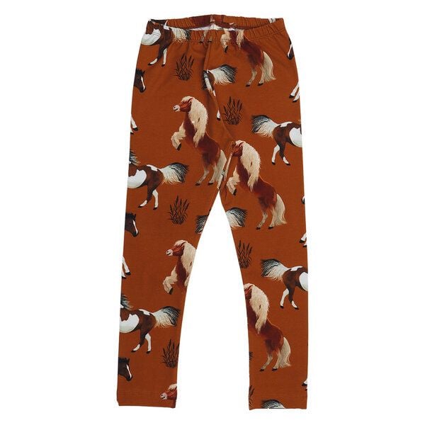 Kinder Leggings GOTS-zertifiziert aus Bio-Baumwolle, braun mit Pferde-Print, elastischer Bund – Walkiddy, weich & bequem für Alltag und Kita von Walkiddy