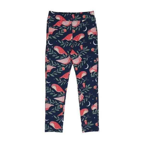 Kinder Leggings GOTS-zertifiziert aus Bio-Baumwolle, dunkelblau mit Pinky-Birds-Print, elastischer Bund – Walkiddy Sweat-Leggings von Walkiddy