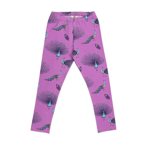 Kinder Leggings GOTS-zertifiziert aus Bio-Baumwolle lila mit Pfauenfeder-Muster – Walkiddy von Walkiddy