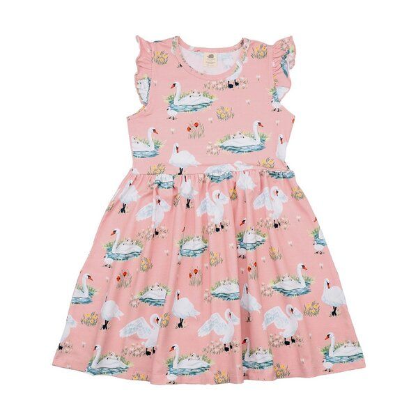 Kinder Sommerkleid „Swans in Spring“ aus Bio-Baumwolle in Rosa – GOTS-zertifiziert, Walkiddy von Walkiddy