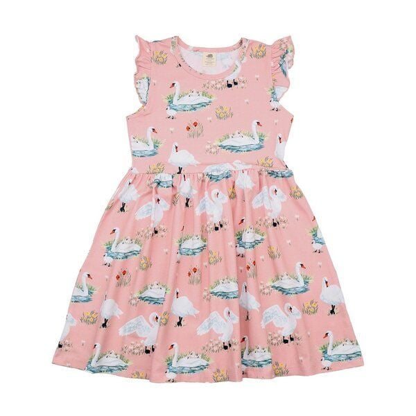 Kinder Sommerkleid „Swans in Spring“ aus Bio-Baumwolle in Rosa – GOTS-zertifiziert, Walkiddy von Walkiddy