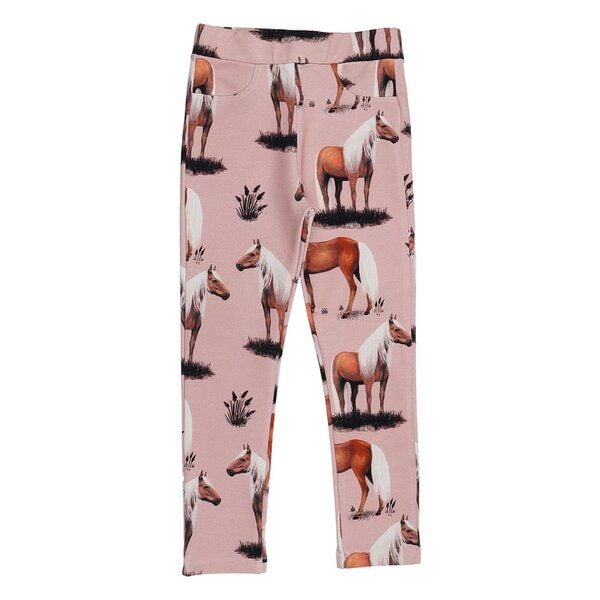 Kinder Sweat-Leggings GOTS-zertifiziert aus Bio-Baumwolle, rosé mit Pferde-Print, elastischer Bund – Walkiddy, weich & bequem für jeden Tag von Walkiddy