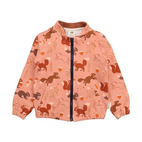 Kinder Sweatjacke GOTS zertifiziert, Bio-Baumwolle, terracotta, Eichhörnchen-Muster „Tiny Squirrels“, Reißverschluss – Walkiddy von Walkiddy