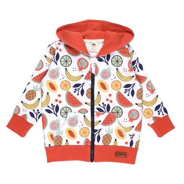 Kinder Sweatjacke GOTS-zertifiziert aus Bio-Baumwolle, Cheerful Fruits, bunt mit Kapuze & Reißverschluss – Walkiddy, weicher Alltagsbegleiter von Walkiddy